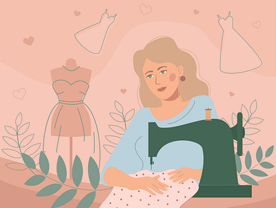 Dreamer seamstress creativity design dreamer dress flat girl illustration mannequin postcard seamstress sewing vector woman