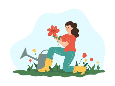 A girl admiring a flower flat flower flowers gardening girl horticulture illustration vector