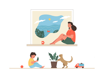 Maternal burnout and dreams of vacations at sea burnout dream flat illustration mentalhealth mother routine sea toddler vacation vector woman
