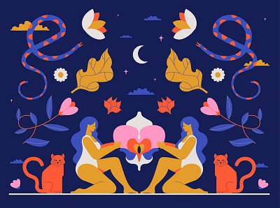 Magic art boho cat design flat graphic design illustration magic moon mystical orchid snake vector women