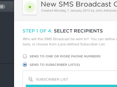SMS Broadcast Setup app form gocella icons interface menu setup teal ui ux
