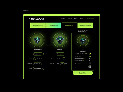 Realboost — Game Boosting Website brand calculator checkout gaming green lol userexperience web