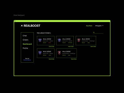 Realboost — Game Boosting Website dashboard gaming green interface order web