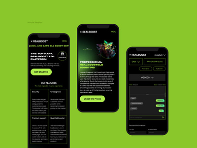 Realboost — Game Boosting Website gaming green interface lol mobile site