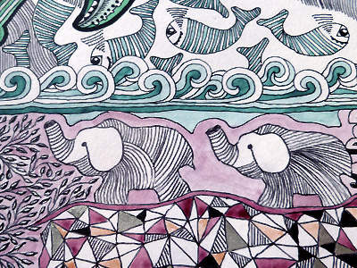 liversilver animals ball point pen elephans fineliner illustration landscape nature pattern repeat watercolour waves whales