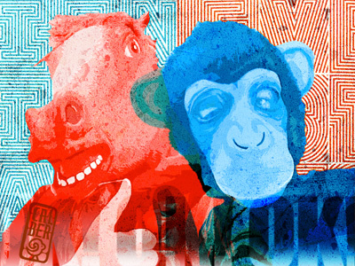 OK colour composition design doubleexpousure donkey graphic illustration monkey ok portrait poster sketch texture tone