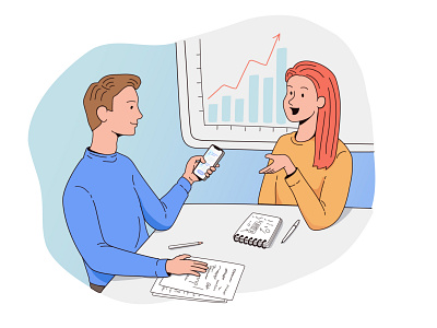 Illustration of young people discussing the app app design application character design girl graphics illustration iphone landing line art man holding smartphone office space ui ux vector young people иллюстрация обсуждение проекта посадочная страница работа в офисе разработка приложений