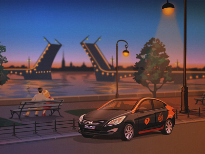 City parking sketch2 car character city evening house lights night river russia saint petersburg vector