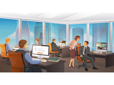 Moscow city office corporate graphic design illustration interface landing page moscow moscow city office open space panoramic realistic skyscraper vector vector character делимобиль иллюстрация интерфейс лэндинг москва сити офис