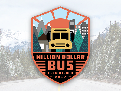 Million Dollar Bus Logo adventure badge flat illustration mountain nature orange park patch shield skyline trees