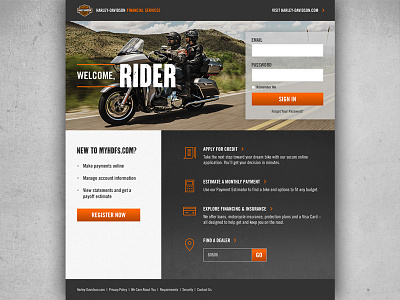 Harley Davidson Financial Services Homepage - Desktop design grit harley homepage insurance interface motorcycle responsive site ui ux website