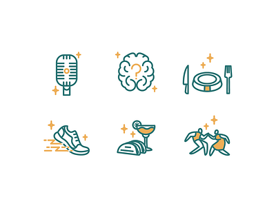 Auction Poster Icons brain dance dinner icon iconography icons illustration margarita michigan microphone running stars taco trivia vector