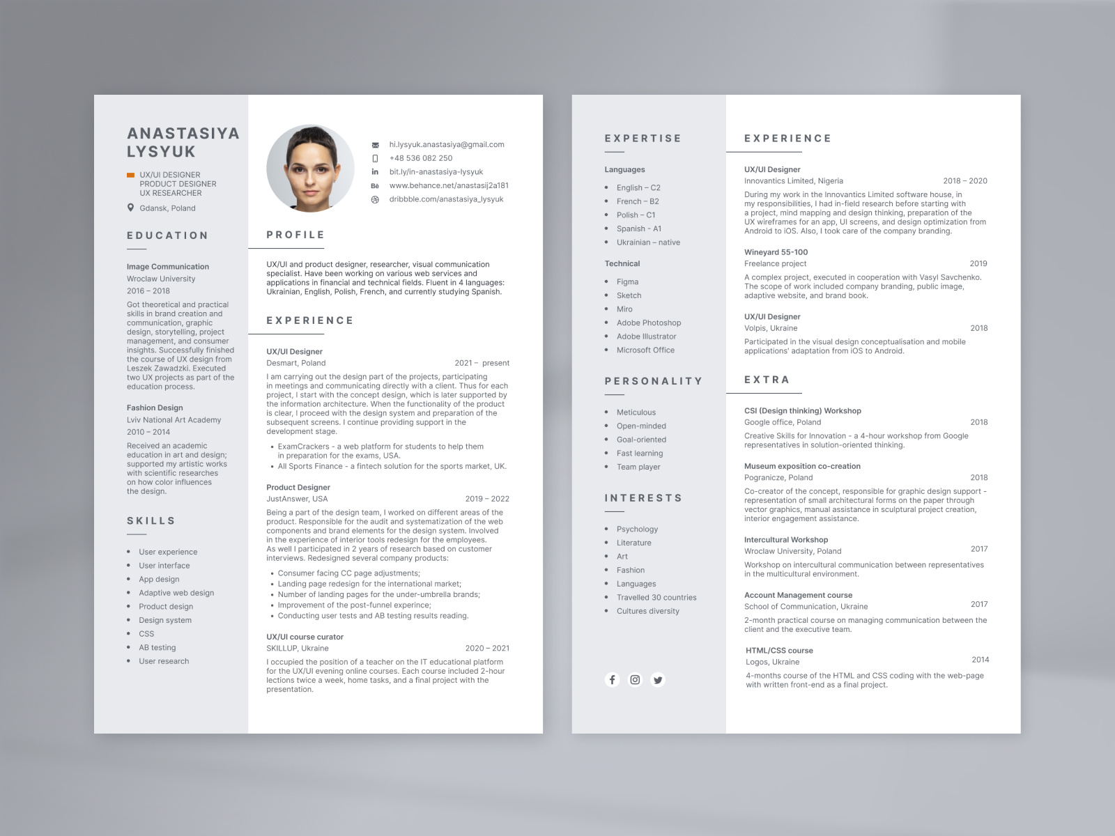 CV/ Resume template by Anastasiya Lysyuk on Dribbble