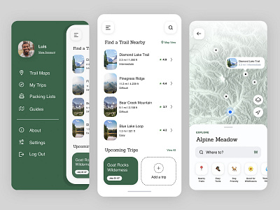 Hiking App adventure app design explore map menu mobile navigation trail maps ui wip