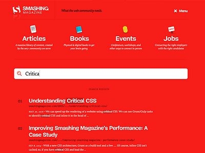 Smashing Magazine navigation and search results