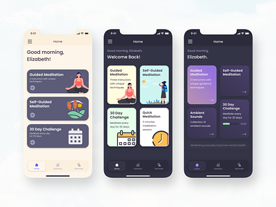 Meditation mobile app - home screens