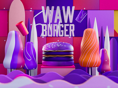 Waw Burger 3d art direction blender blender 3d brand burger graphic design graphics illustration low poly visual