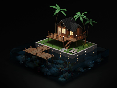 Night in Private Island 3dmodeling artdirection blender blender 3d house illustration isometric low poly lowpoly