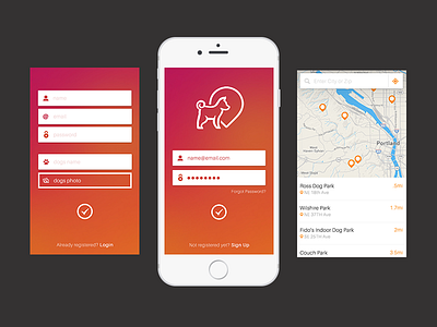 Dog Park App UI app clean colorful dog icons login map register ui