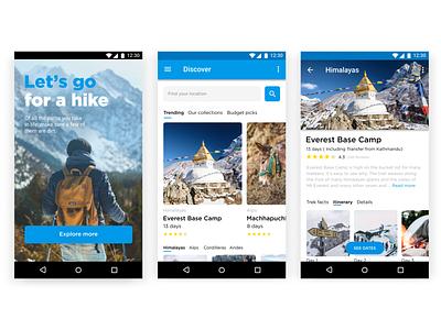 Travel app for hiking android app blue camp design everest grey hiking himalayas journey mountain travel ux ui white