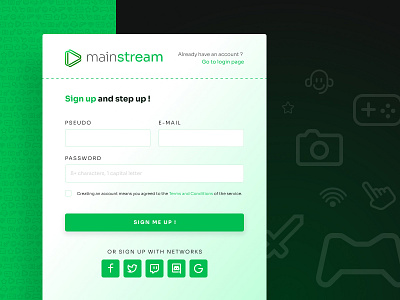 Sign Up Page - Mainstream flat flatdesign games green page sign sign up social network streamer streamers up videogame videogames