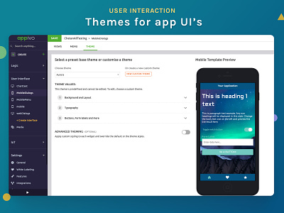 Theme editor for Appivo application UI prebuilt themes style options style properties templates theme editor theme preview themes theming ui theming ui theming widget themes widget themes