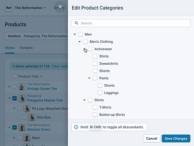 Reaction Commerce · Edit Categories bulk action checkbox desktop ecommerce enterprise product design web