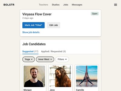 Bolstr · Job Candidates fitness health job job listing listing product design web yoga