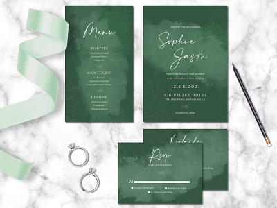 Green Watercolor Wedding Invitation Suite invitation invitation card invitation design photoshop photoshop template template watercolor wedding wedding card wedding design wedding invitation wedding invite wedding photography wedding suite