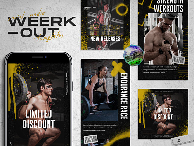 Weerkout - Gym & Fitness Social Media Templates ad advertisement branding download fitness flyer design gym instagram instagram story instagram templates marketing photoshop poster promotion social media social media ad social media posts social media templates template