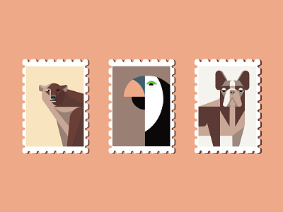Postage stamps with animals animals cartoon design flat illustration post stamp vector