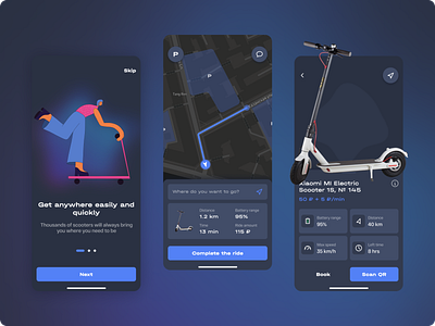Scooter Rental App app design map minimal mobile navigator rent scooter scooter app ui ux