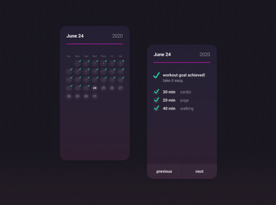 Daily UI Day 41: Workout Tracker app app design branding calendar calendar app calendar ui daily ui dailyui dark ui darkmode day041 day41 design exercise exercise app mobile nightmode ui workout workout app