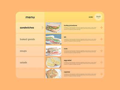 Daily UI Day 43: Menu app design branding color palette dailyui day043 day43 design food food and drink food app menu menu design online shopping order sandwich sandwiches shopping shopping cart sunset website