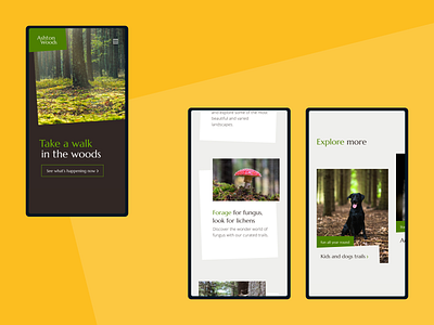 The Woods - mobile homepage animals app branding design earthy marketing muted nature outdoors recreation relaxation typography ui ux vector walking woodland