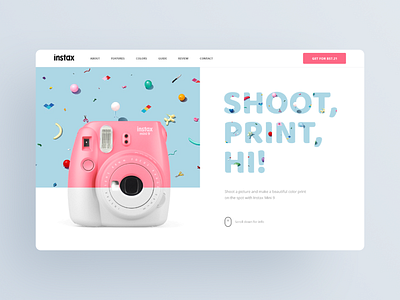 Fujifilm Instax Mini Promo Site blog design camera color design illustration information instant camera instax mini landing landing page logo minimal promo promo site prototyping shot typography ui ux website