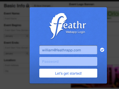 Webapp Login blue button email feathr flat form hover icon login modal overlay password pattern popup subtle