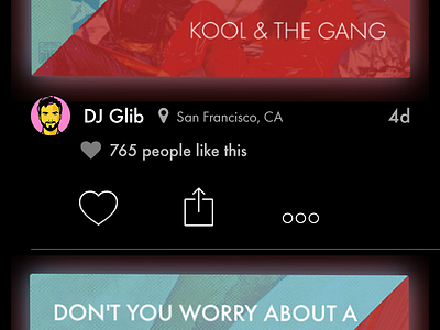 Feed Item Attribution / Options app crossfader dark feed futura heart like social ui ux