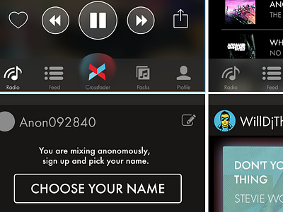 Crossfader UI Details pt. 2 app dark djz icons iphone menu music navigation play profile ui ux