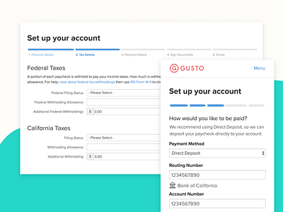 Set up your account #withGusto ✨ account bank flow gusto onboarding set up setup ui ux