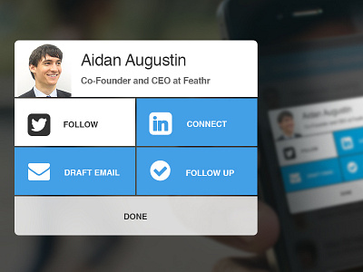 Profile Action Sheet Widget v2 action sheet blue buttons email flat follow ios linkedin mask pop up profile twitter ui ux white widget