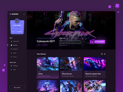 Gamebook - Gaming social platform redesign blue branding concept cyberpunk design desktop futuristic game gamebook gaming modern neon page platform purple redesign social ui ux website