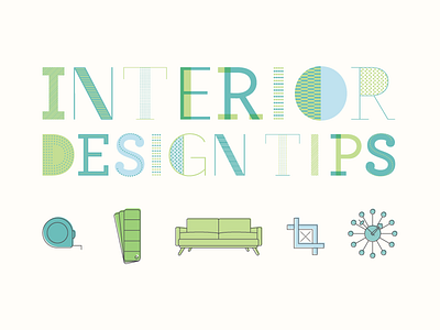 Interior Design Tips black blue clock color couch furniture graphic design green iconography icons illustration infographic interior design letters pattern swatch tape measure textiles typography vector