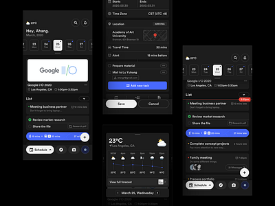 Calendar Concept Application (Dark) app application behance calendar calendar app calendar ui concept dark dark app dark mode dark theme design layout platform schedule sketch ui weather weather app