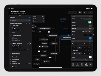 Mindmap Concept Application (Dark) app application concept dark design edit editor graphic design ipad ipados mindmap patch platform sketch text ui ux