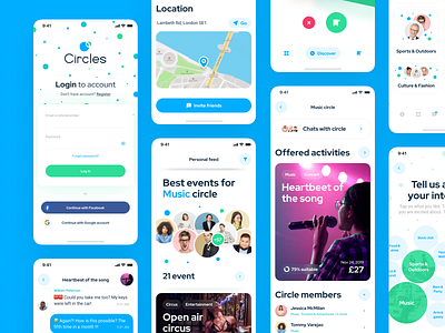 Circles. Explore events with suitable friends app cards chat circles design events friends interests ios logo map mobile ui ux