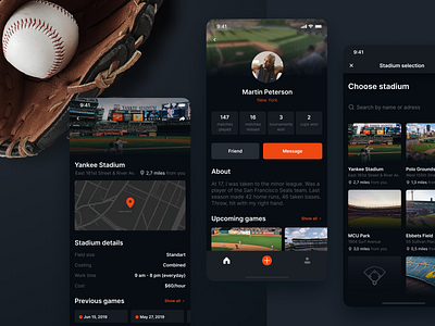 BeSport. Create your best local game ever app baseball dark design details game ios local map mobile navigation play player profile search sport stadium ui ux