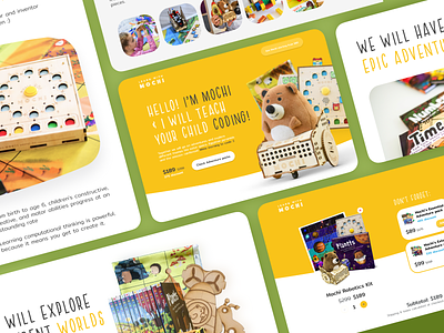 Mochi. Landing page for coding toy cards cart children code design green landing storytelling toy ui ux website yellow