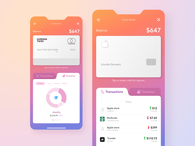 iOS mobile wallet. All cards in your phone app apple bank bank card banking cards design ios mobile piechart qr code starbucks statistic transaction uber ui ux wallet