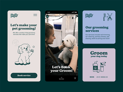 Branding of Grooming Service Fluffy Pups branding cute design dog graphic design grooming il illustration line graphics logo pets ui vector